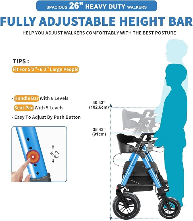 Rollator Walker with Seat,12" Front Wheels 10" Rear Rolling Walker, Extra-Wide Heavy-Duty Rollator Walker with Seat and Brakes for Seniors and Adults Bariatric with Large Aluminum (Blue)