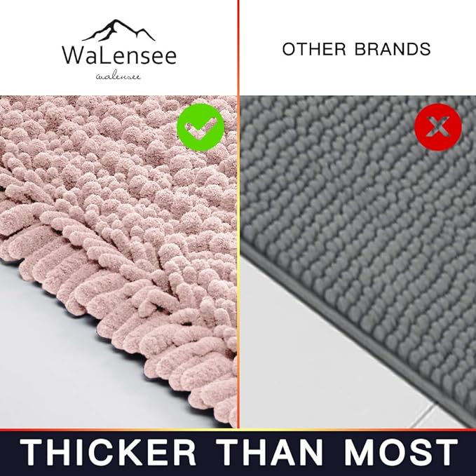 Walensee Bathroom Rug 2 Pieces Set Non Slip Bath Mat (20"x32" Plus 20"x32" Dusty Pink) Water Absorbent Super Soft Shaggy Chenille Machine Washable Dry Extra Thick Perfect Carpet for Shower Floor