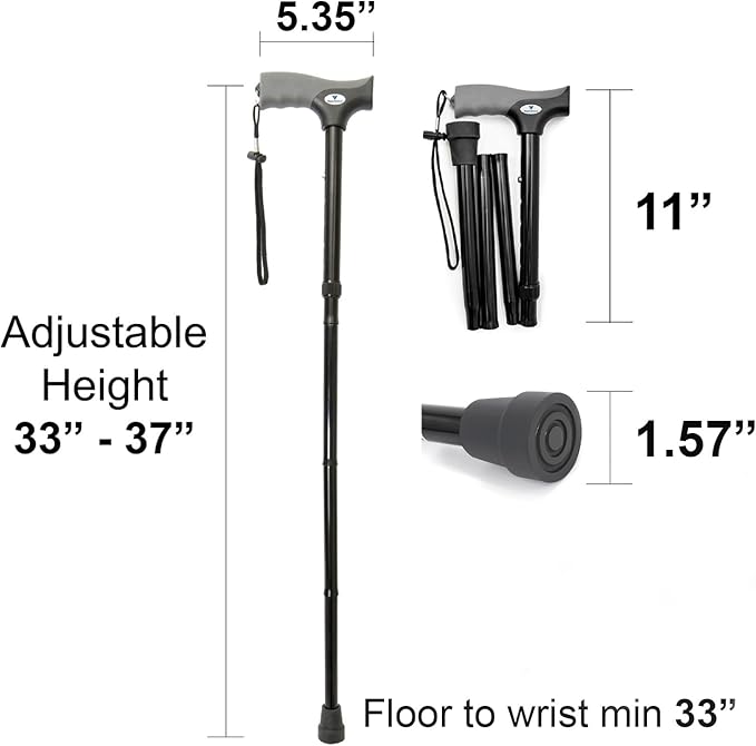 FSA/HSA Eligible, Vaunn Medical Easy Grip Height Adjustable Folding Cane/Walking Stick with Strap/Pouch- Compact, Portable, and Safe Walking Assistant- Non-Slip Grip Handle- Men, Women, Elderly