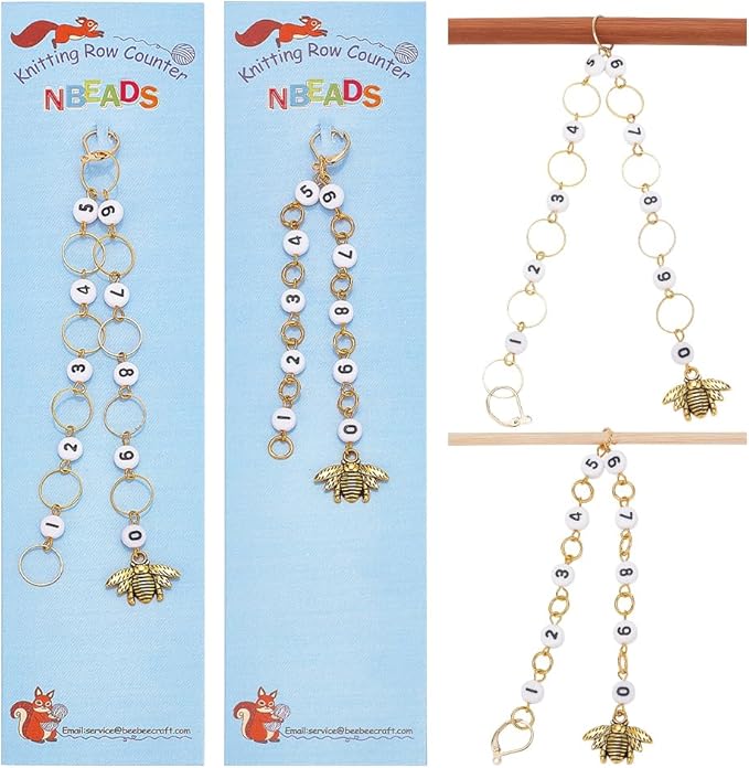 NBEADS 2 Pcs 2 Styles Bees Charm Knitting Row Counter Chains, 0~9 Number Stitch Markers Acrylic Beads Crochet Stitch Marker Charms for Knitting Weaving Sewing Quilting Handmade Jewelry