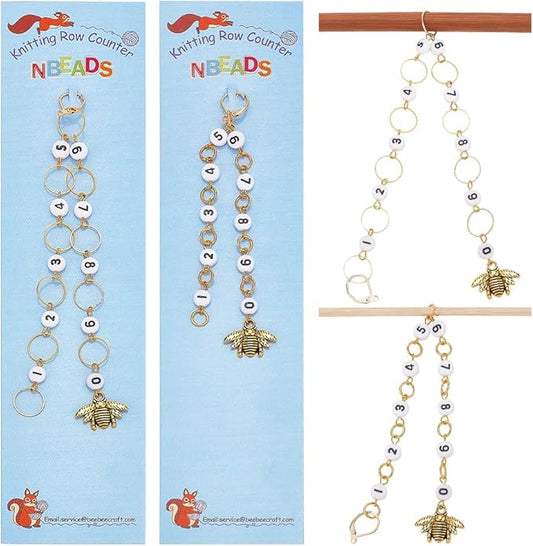 NBEADS 2 Pcs 2 Styles Bees Charm Knitting Row Counter Chains, 0~9 Number Stitch Markers Acrylic Beads Crochet Stitch Marker Charms for Knitting Weaving Sewing Quilting Handmade Jewelry