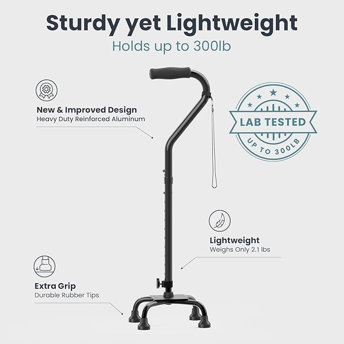 PELEGON Quad Cane (300 lb) - Adjustable Walking Cane with A Large 4 Pronged Base for Extra Balance & Stability, Walking Canes for Seniors, Walking Cane for Men & Women, Walking Sticks