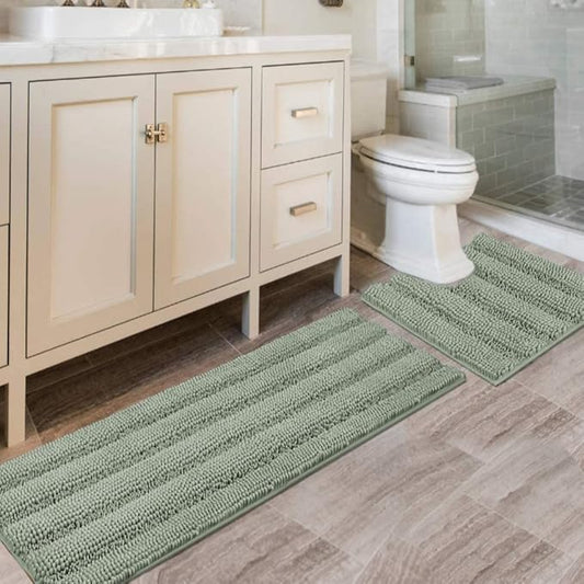 H.VERSAILTEX Bathroom Rugs Bath Rug Set 2 Piece Bathroom Contour Rug Toilet Mat Sets Non Slip Contour Bath Rug Ultra Thick Water Absorbent Striped Bath Mats Washable(47" x 17" Plus 20" x 20" U, Sage)