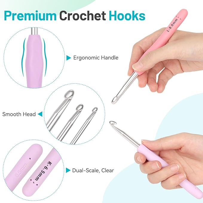Coopay Crochet Hooks Set with Case, 12 Size Ergonomic Crochet Needles for Beginner Adult Arthritic Hands, 2mm(B)-8mm(L) Extra Long Knitting Hook for Crocheting Yarn- Great DIY Craft Christmas Gift