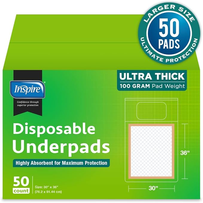 Inspire Extra Large Super Absorbent Disposable Bed Pads for Chronic Incontinence Ultra Thick and Absorbent Bed Pads Disposable Adult | Pee Pads for Adults (30" X 36" Pack of 50)