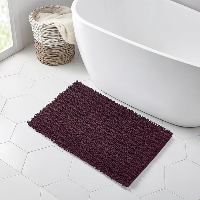 Walensee Bathroom Rug Non Slip Bath Mat (36x24 Inch Plum Purple) Water Absorbent Super Soft Shaggy Chenille Machine Washable Dry Extra Thick Large Plush Carpet for Shower Floor