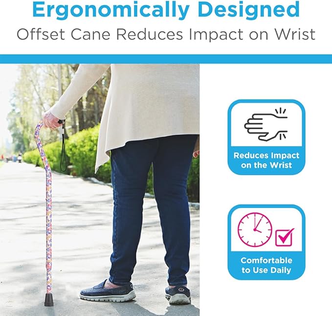 Nova Joy Designer Offset Walking Cane for Seniors - Unisex Adjustable Lightweight Aid with Foam Handle, Wrist Strap and Anti-Rattle Lock - Essential Mobility Support - Butterfly Symphony