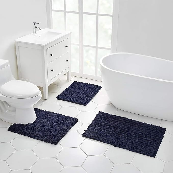 Walensee Bathroom Contour Rug Non Slip Toilet U Shaped Bath Mat (20x24, Navy) Water Absorbent Super Soft Shaggy Chenille Machine Washable Dry Extra Thick Perfect Absorbant Best Plush Carpet