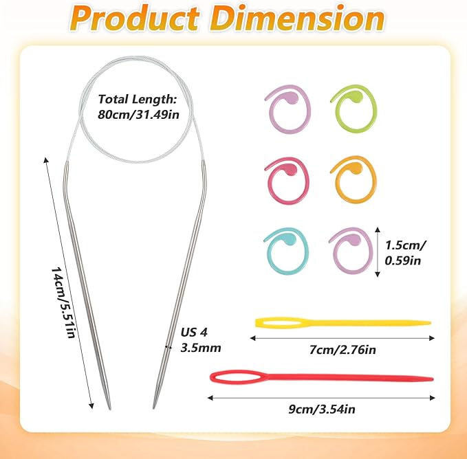 Sibba 31.5 Inch Stainless Steel Circular Knitting Needles, 3.5mm Round Ergonomic Metal Needle Set with Blunt Needle and Stitch Markers, Knitting Needles for Hats, Gloves, Sleeves, Socks