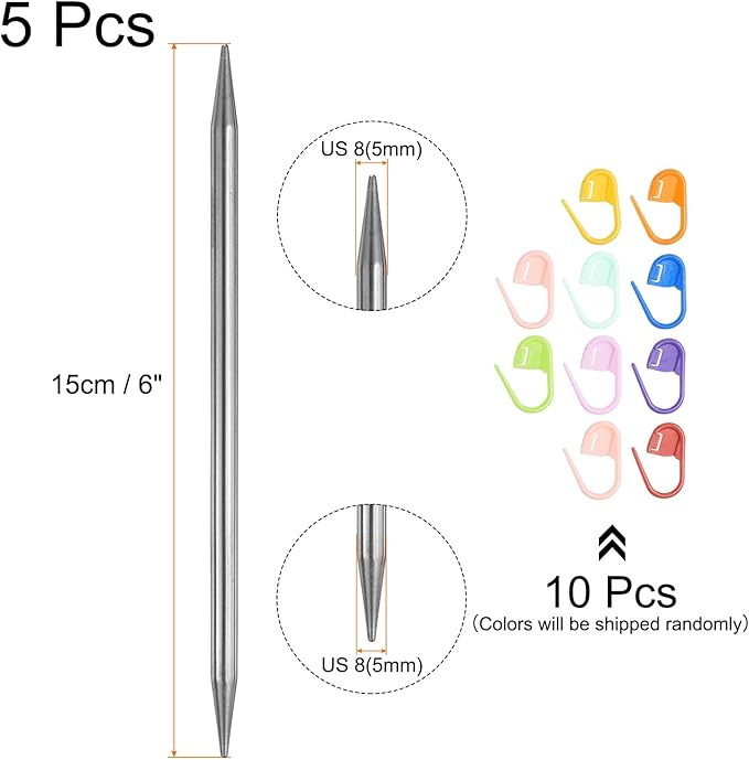 uxcell 5Pcs Knitting Needle Size US 8(5mm) 6 Inches (15cm) Length Stainless Steel Double Pointed Sweater Stitching Needles with 10 Colorful Stitch Markers for Handmade Projects DIY
