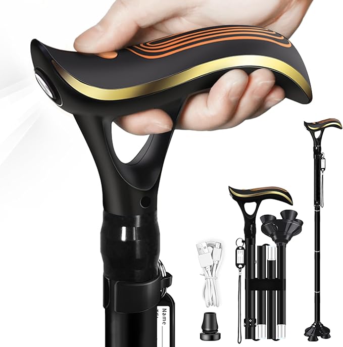 Folding Cane, Smart Alarm Foldable Cane with Light, Fashion Walking Cane for Women&Men, Adjustable Canes for Seniors, USB Direct Charging, Lightweight and Portable