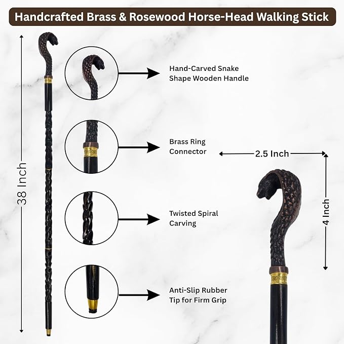 All Black Snake Handle Spiral Wooden Walking Cane