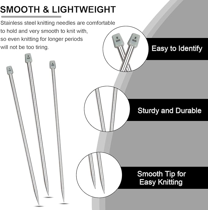 Aeelike 11 Pairs Knitting Needles Set - Stainless Steel Knitting Needles Single Point with Roll Bag - Portable Metal Knittings Needle Set for Beginners Size 2mm to 8mm