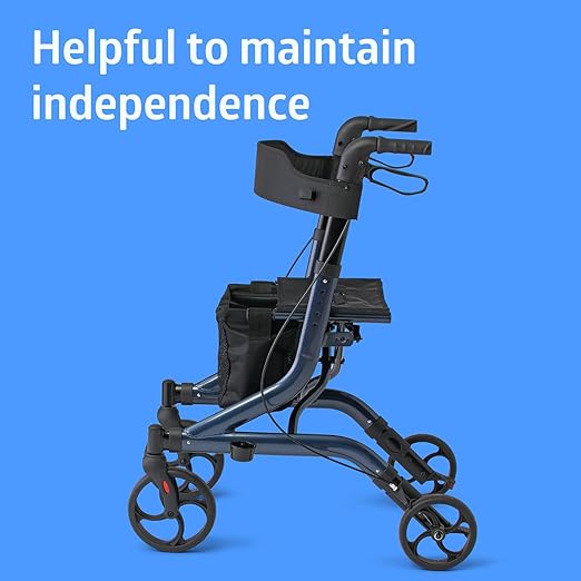 Medline Aluminum European Style Foldable Rollator with Backrest, 300 lbs. Capacity, Navy — For Foot & Leg Injuries & Post-Surgery