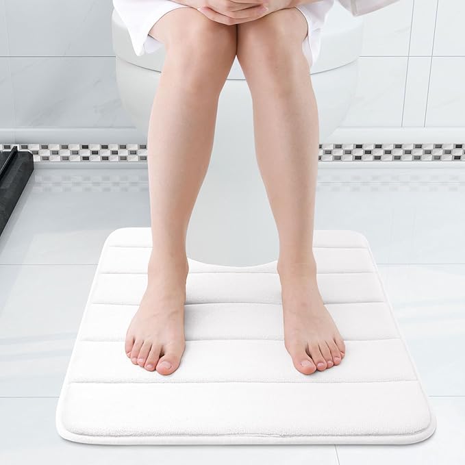 Buganda Memory Foam U-Shaped Contour Toilet Rugs, Non Slip Absorbent, Thick Soft Washable Bathroom Mat, Floor Carpet Bath Rugs Mat for Toilet Base (24" x 24", White)