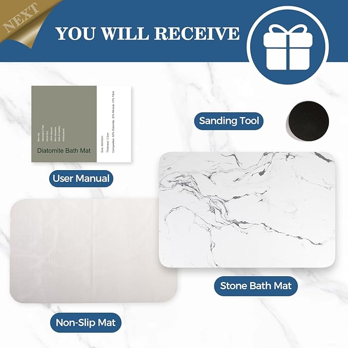 Stone Bath Mat Diatomaceous Earth Non-Slip Shower Mat with Marble-Pattern Surface, Diatomite Bath Stone Mat for Bathroom Floor -Super Absorbent, Easy to Clean (24 * 16 White)