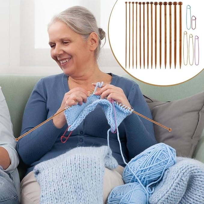 7 Pairs Bamboo Knitting Needles Set & 5PCS Safety Pin Brooch Weaving Sweater Knitting Tool,Long Wooden Single Point Straight Needles, for Beginners for Making Sweater,Shawl,Scarf