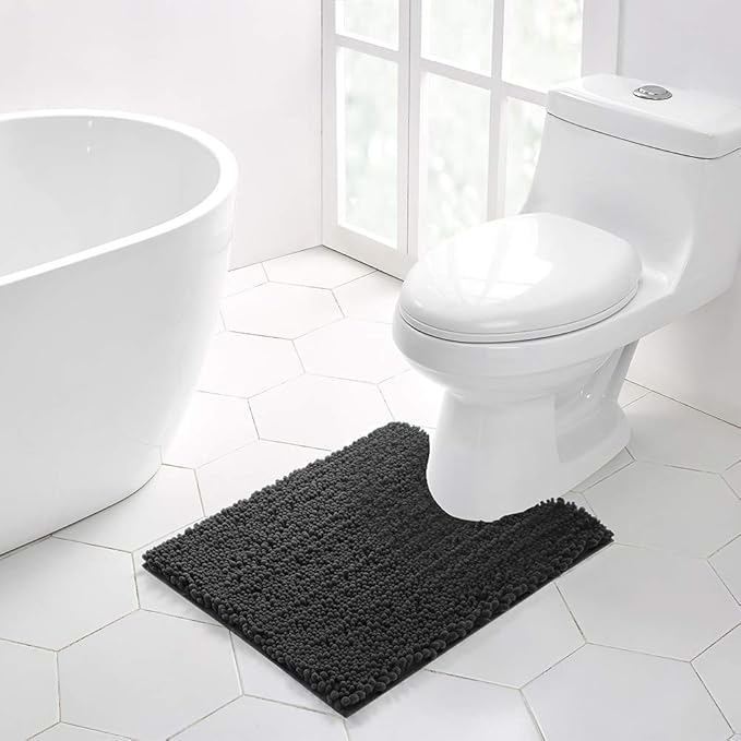Walensee Bathroom Contour Rug Non Slip Toilet U Shaped Bath Mat (20x24, Dark Grey) Water Absorbent Super Soft Shaggy Chenille Machine Washable Dry Extra Thick Perfect Absorbant Best Plush Carpet