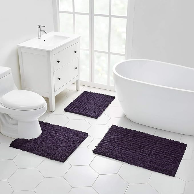 Walensee Bathroom Rug 2 Pieces Set Non Slip Bath Mat (20"x32" Plus 20"x32" Dark Purple) Water Absorbent Super Soft Shaggy Chenille Machine Washable Dry Extra Thick Perfect Carpet for Shower Floor