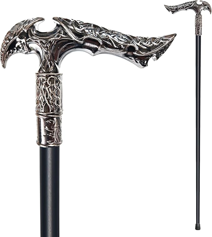 Walking Cane for Men & Women & Seniors - 36.5 Inch Heavy Duty 500+ lbs Capacity, Ergonomic Handle, Ornate & Decorative, Elegant Matte Black & Silver Metal Cane with Goth & Gothic Aesthetic