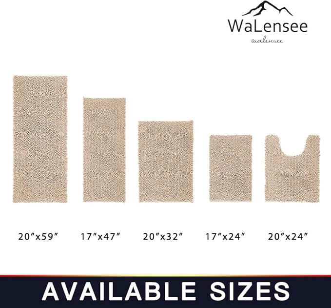 Walensee Bathroom Rug 2 Pieces Set Non Slip Bath Mat (20"x32" Plus 20"x32" Beige) Water Absorbent Super Soft Shaggy Chenille Machine Washable Dry Extra Thick Perfect Carpet for Shower Floor
