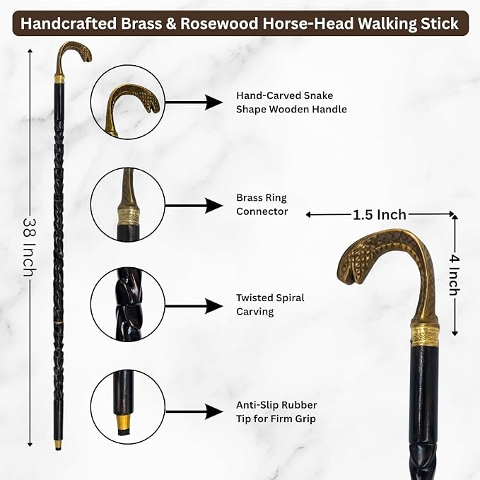 All Black Snake Handle Spiral Wooden Walking Cane