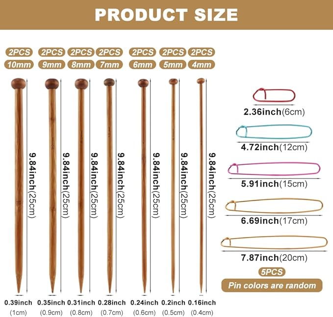 7 Pairs Bamboo Knitting Needles Set & 5PCS Safety Pin Brooch Weaving Sweater Knitting Tool,Long Wooden Single Point Straight Needles, for Beginners for Making Sweater,Shawl,Scarf
