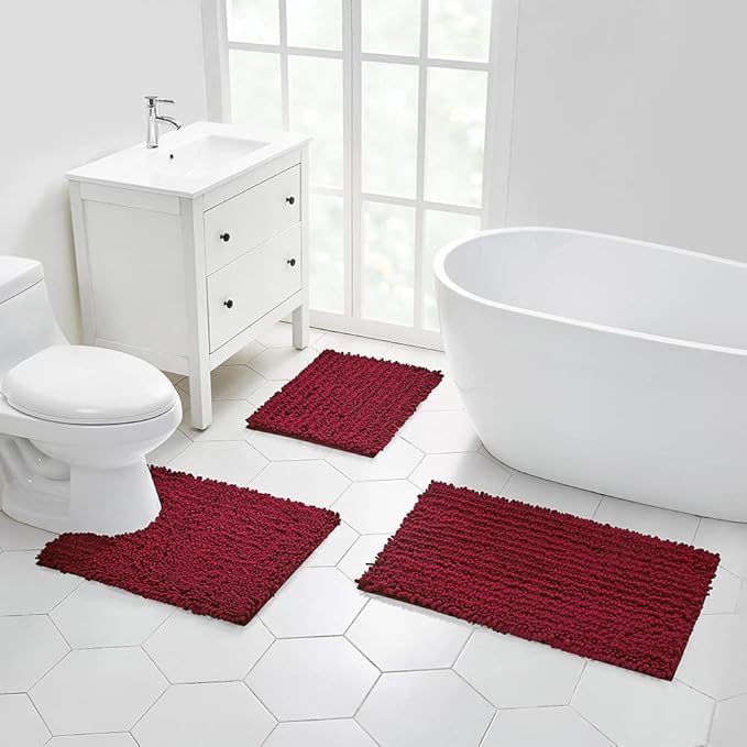 Walensee Large Bathroom Rug Non Slip Bath Mat (72x24 Inch Red) Water Absorbent Super Soft Shaggy Chenille Machine Washable Dry Extra Thick Perfect Absorbant Best Plush Carpet for Shower Floor
