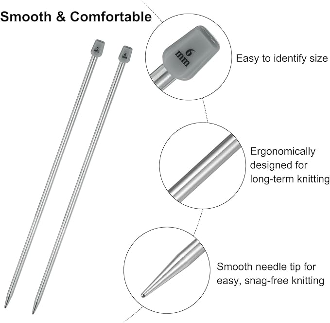 uxcell 2Pcs 6mm(J) Single Pointed Knitting Needles Stainless Steel 13.8 Inches Length Metal Weaving Tool for Handmade Projects DIY Knitting