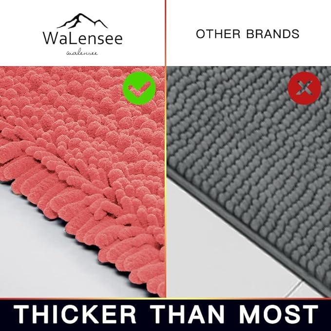 Walensee Bathroom Rug 2 Pieces Set Non Slip Bath Mat (17x24 Plus 20x32 Inch Living Coral) Water Absorbent Super Soft Shaggy Chenille Machine Washable Dry Extra Thick Perfect Carpet for Shower Floor