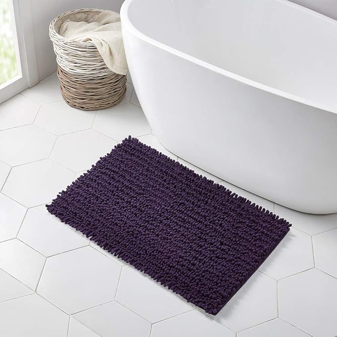 Walensee Bathroom Rug Non Slip Bath Mat (36x24 Inch Dark Purple) Water Absorbent Super Soft Shaggy Chenille Machine Washable Dry Extra Thick Perfect Absorbant Best Large Plush Carpet for Shower Floor