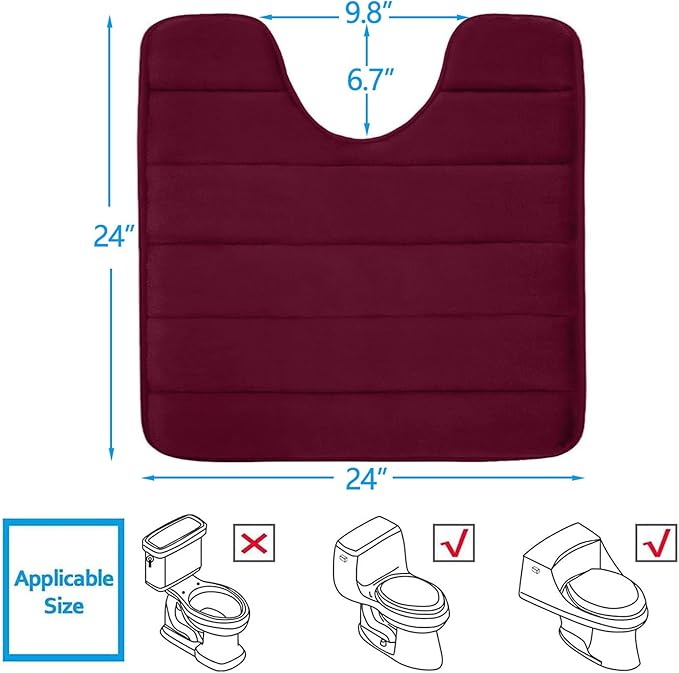Buganda Memory Foam U-Shaped Contour Toilet Rugs, Non Slip Absorbent, Thick Soft Washable Bathroom Mat, Floor Carpet Bath Rugs Mat for Toilet Base (24" x 24", Burgundy)