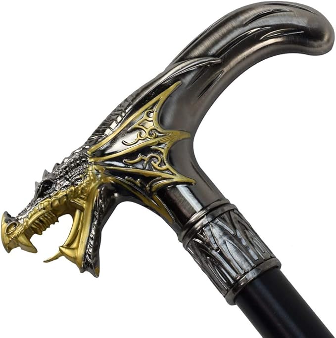 Treasure Gurus Silver Metal Golden Winged Dragon Cane 2pc Steel Shaft Travel Walking Stick