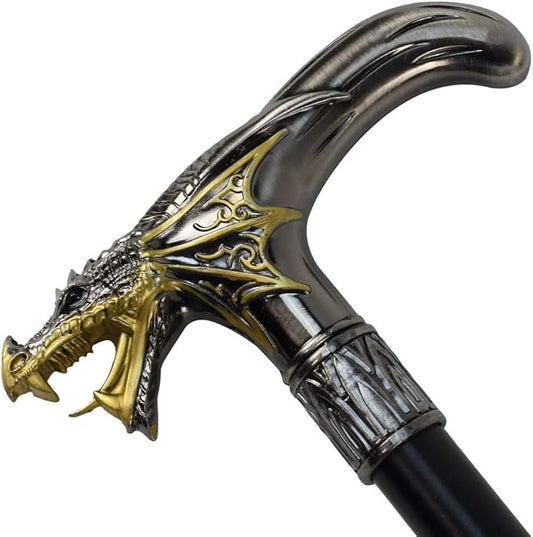 Treasure Gurus Silver Metal Golden Winged Dragon Cane 2pc Steel Shaft Travel Walking Stick