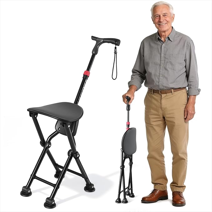 HZZEDNG-Hold 400 lbs Folding Canes with Seat, Allows Durability While Walking and Convenience for Sitting, Aluminum Portable Anti-Slip Cane Seat, Height-Adjustable Walking Cane