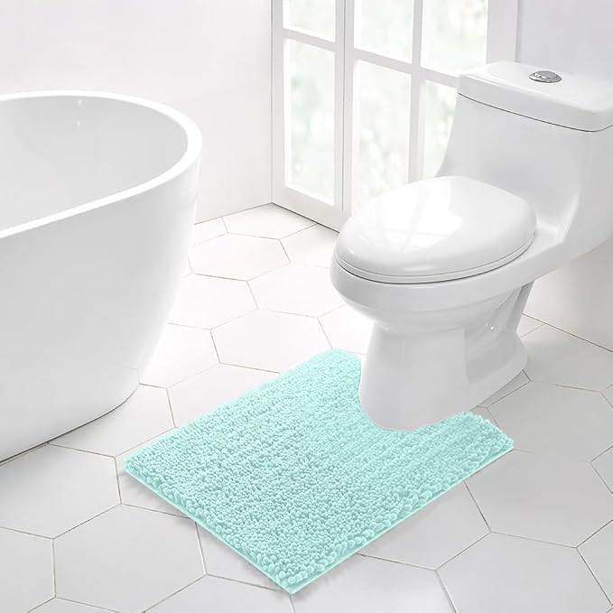 Walensee Bathroom Contour Rug Non Slip Toilet U Shaped Bath Mat (20x24, Spa Blue) Water Absorbent Super Soft Shaggy Chenille Machine Washable Dry Extra Thick Perfect Absorbant Best Plush Carpet