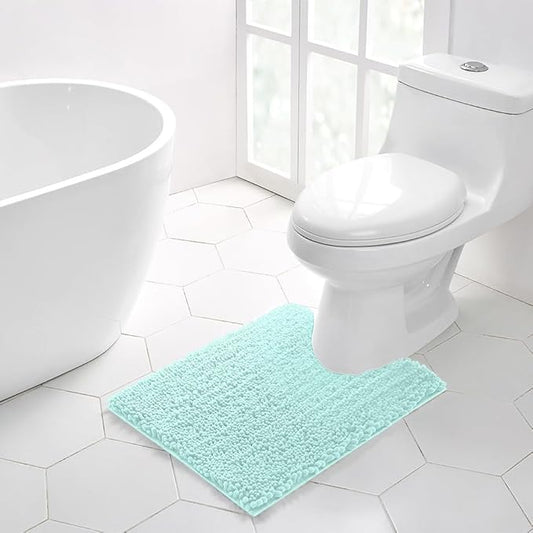Walensee Bathroom Contour Rug Non Slip Toilet U Shaped Bath Mat (20x24, Spa Blue) Water Absorbent Super Soft Shaggy Chenille Machine Washable Dry Extra Thick Perfect Absorbant Best Plush Carpet