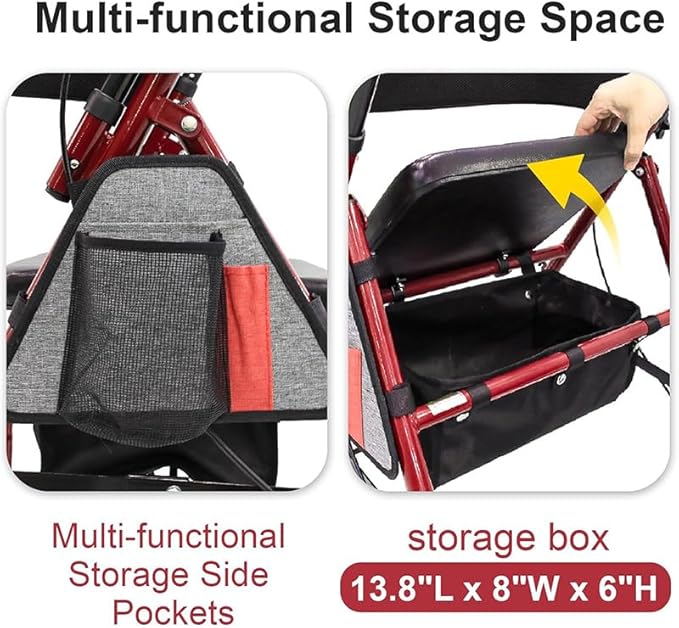 Lightweight Foldable Rollator Walkers with Seat for Seniors, 350 lb Capacity, 5-Position Adjustable Height, Premium Hybrid Rolling Walker - Aluminum and Carbon Steel (Red)