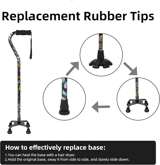 Walking Cane for Women & Men, Adjustable Quad Cane with 4-Prong Base for Stability and Balance, Folding Aluminum Walking Stick for Seniors