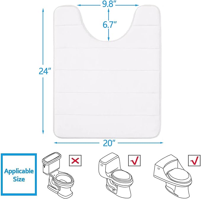 Buganda Memory Foam U-Shaped Contour Toilet Rugs, Non Slip Absorbent, Thick Soft Washable Bathroom Mat, Floor Carpet Bath Rugs Mat for Toilet Base (24" x 20", White)