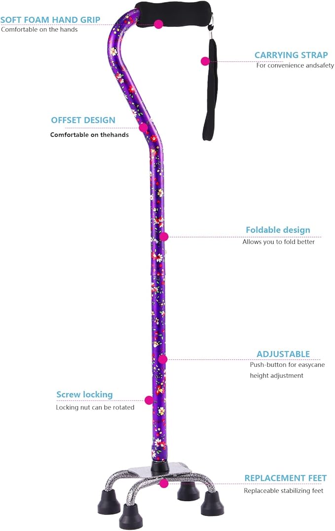 Walking Cane for Women & Men, Adjustable Quad Cane with 4-Prong Base for Stability and Balance, Folding Aluminum Walking Stick for Seniors