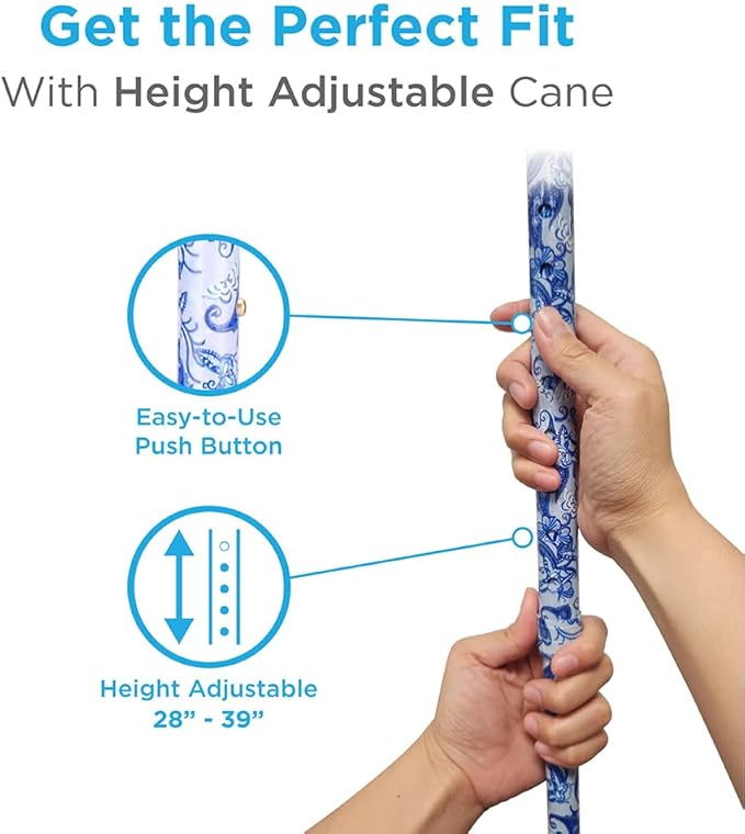 Nova Joy Designer Offset Walking Cane for Seniors - Unisex Adjustable Lightweight Aid with Foam Handle, Wrist Strap and Anti-Rattle Lock - Essential Mobility Support - Blue Porcelain