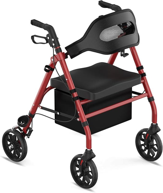 Walkers for Seniors, Foldable Rollator Walker with Seat, 8" Big Wheels, Lightweight Rollator Walker with Ergonomic Backrest, Adjustable Handles and Seat Height, 310 Lbs Weight Capacity, Red