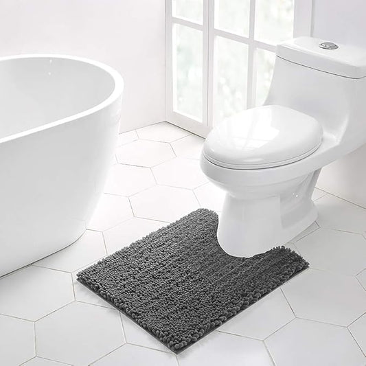 Walensee Bathroom Contour Rug Non Slip Toilet U Shaped Bath Mat (20x24, Grey) Water Absorbent Super Soft Shaggy Chenille Machine Washable Dry Extra Thick Perfect Absorbant Best Plush Carpet