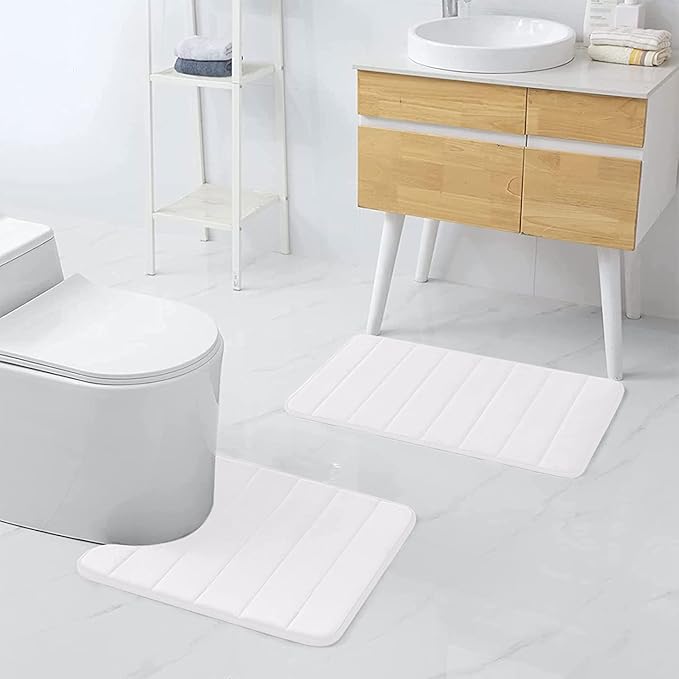 Buganda Memory Foam U-Shaped Contour Toilet Rugs, Non Slip Absorbent, Thick Soft Washable Bathroom Mat, Floor Carpet Bath Rugs Mat for Toilet Base (24" x 20", White)