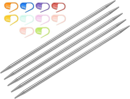 uxcell 5Pcs Knitting Needle Size US 7(4.5mm) 6 Inches (15cm) Length Stainless Steel Double Pointed Sweater Stitching Needles with 10 Colorful Stitch Markers for Handmade Projects DIY