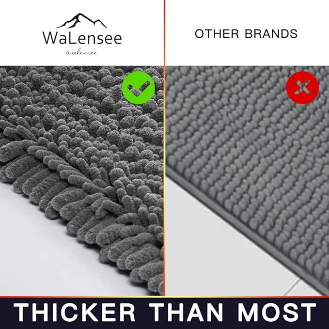 Walensee Bathroom Rug Non Slip Bath Mat (36x24 Inch Grey) Water Absorbent Super Soft Shaggy Chenille Machine Washable Dry Extra Thick Perfect Absorbant Best Large Plush Carpet for Shower Floor