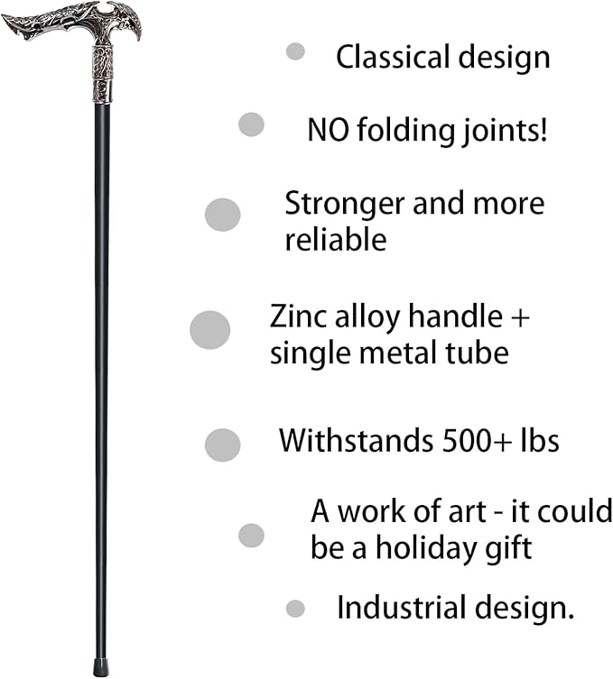 Walking Cane for Men & Women & Seniors - 36.5 Inch Heavy Duty 500+ lbs Capacity, Ergonomic Handle, Ornate & Decorative, Elegant Matte Black & Silver Metal Cane with Goth & Gothic Aesthetic