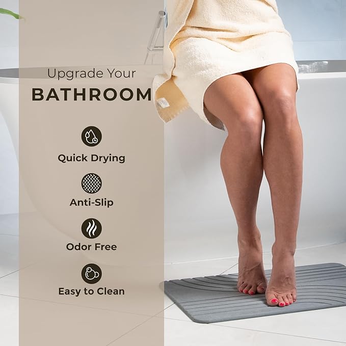 Stone Bath Mat, Diatomaceous Earth Non-Slip Stone Shower Mat - Quick Drying Absorbent Bath Mats for Bathroom - Elegant & Modern Design, Easy to Clean (23.5 x 15) - Graphite