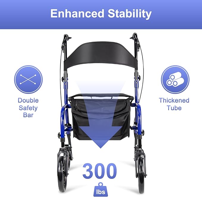 Rollator Walkers for Seniors, Foldable Rollator Walkers with Seat, 300 lbs Capacity Rolling Walker with Storage Bag, Adjustable Height, Lightweight Walker for Mobility Impaired, for Home/Travel (Blue)